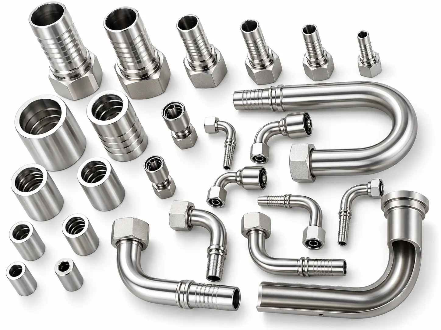 Stainless steel hydraulic hose fittings, ferrules and bent tube fittings