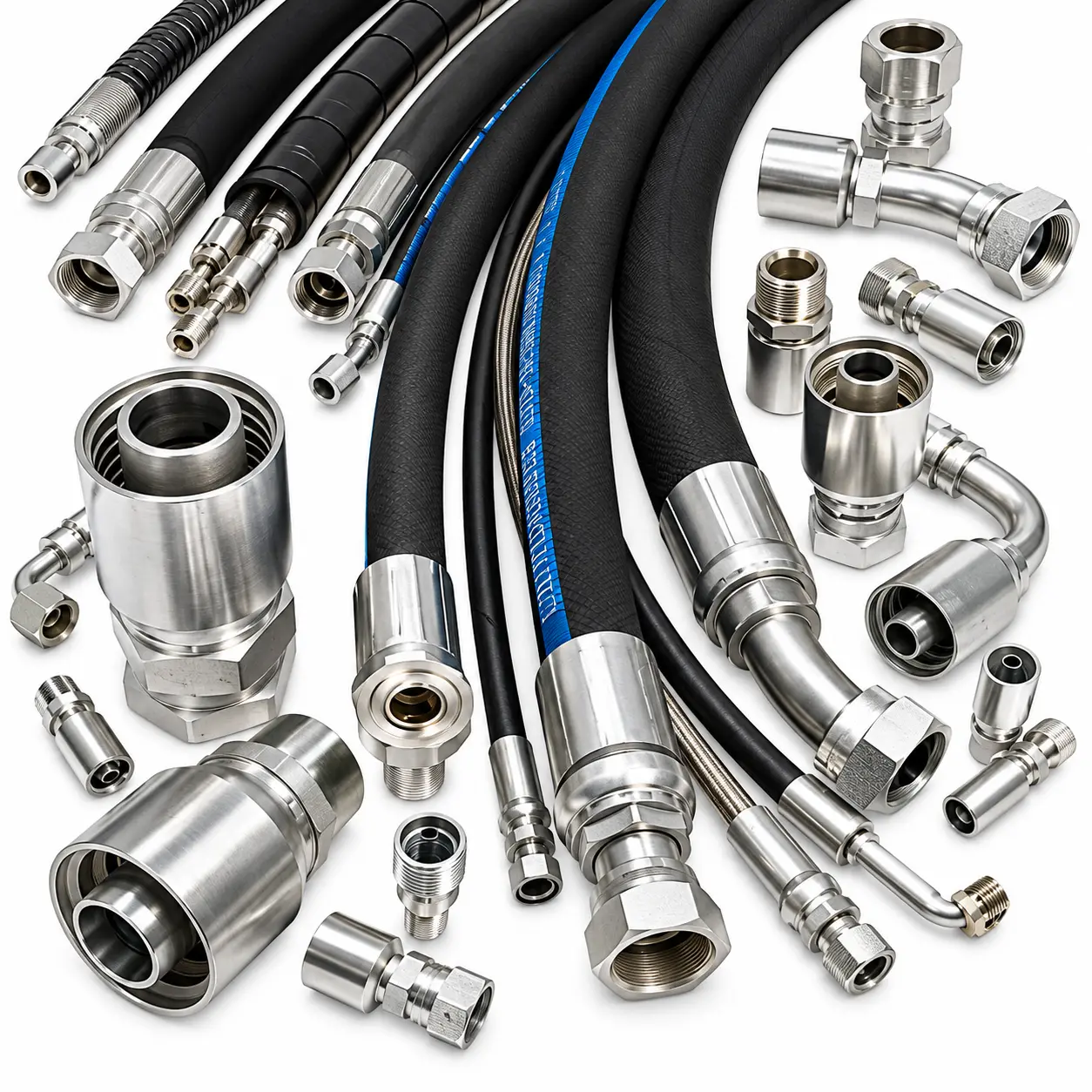 Hydraulic hoses with crimped fittings and adapters at Opani Fluid Zambia