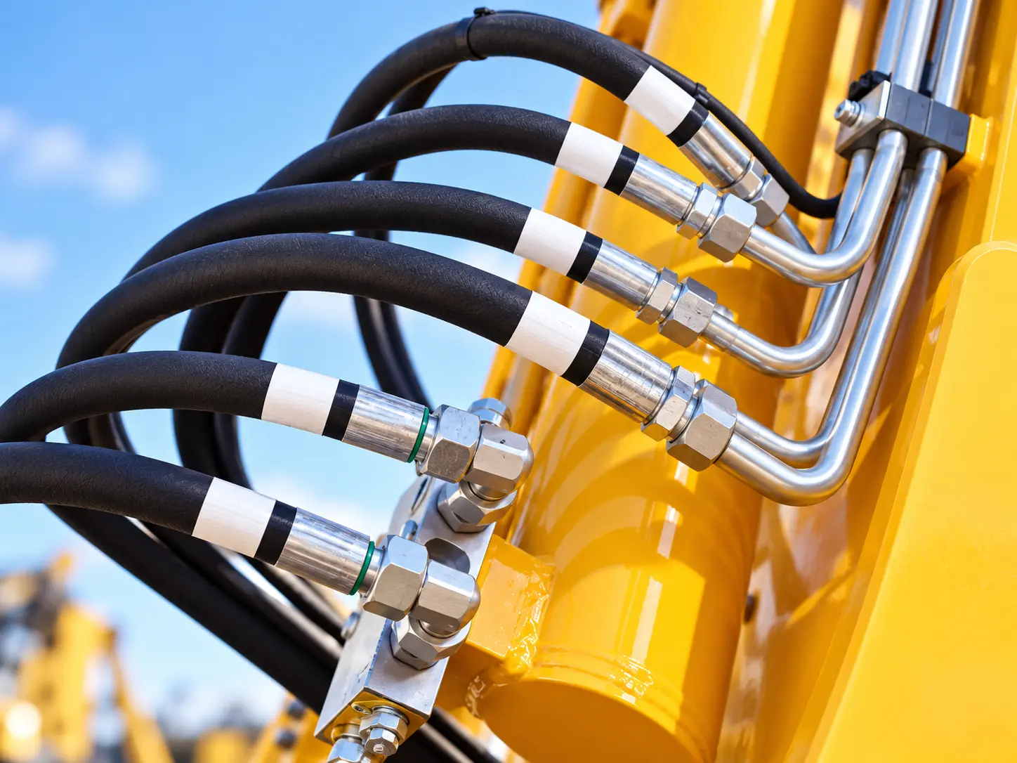 Hydraulic hose assemblies installed on excavator and heavy machinery