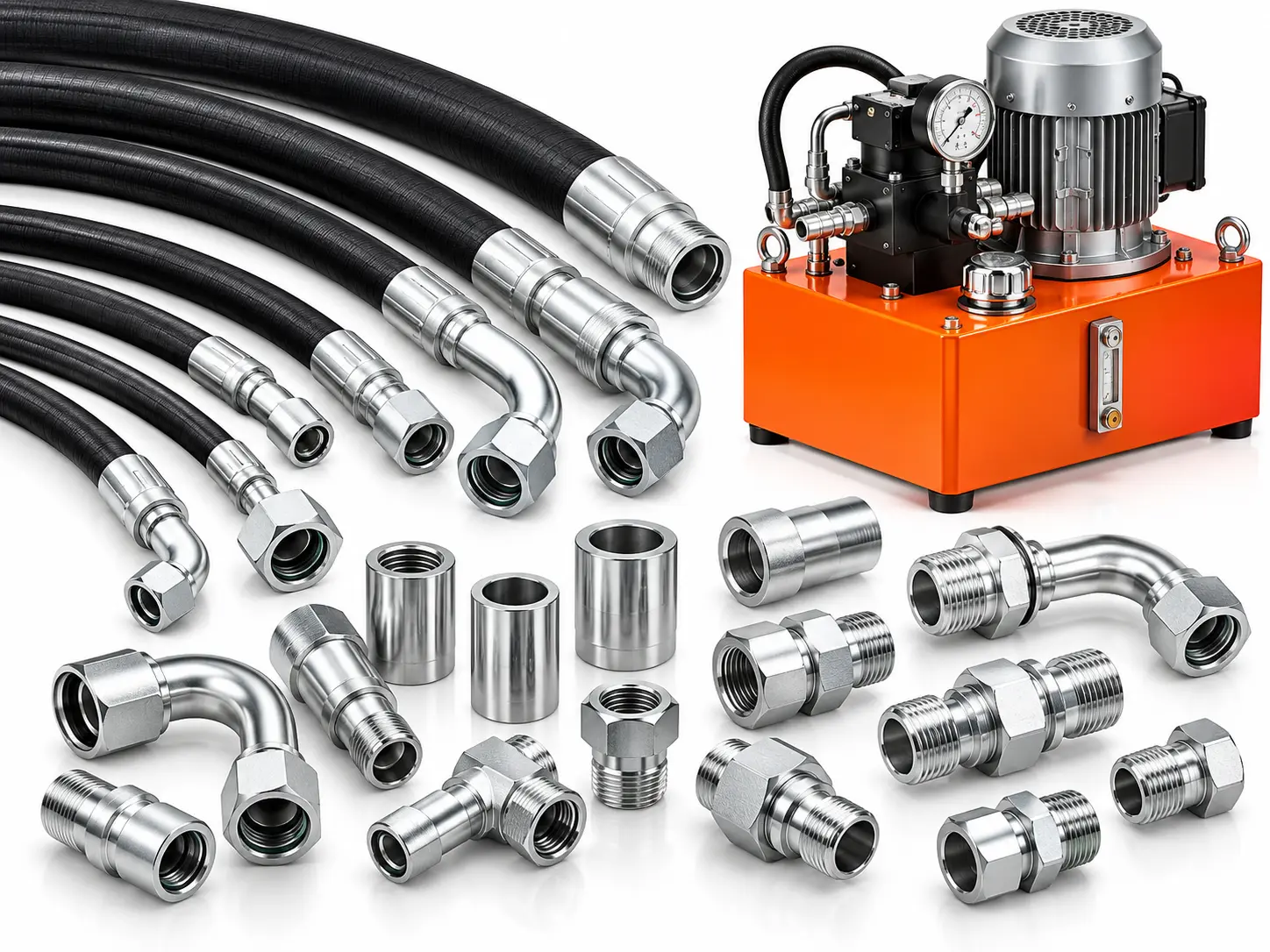 Hydraulic hose assemblies, adapters and hydraulic power pack unit